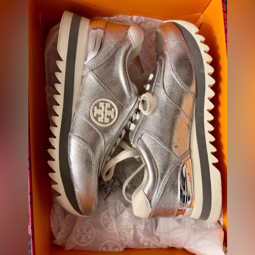 Tory Burch Metallic Silver Sneakers